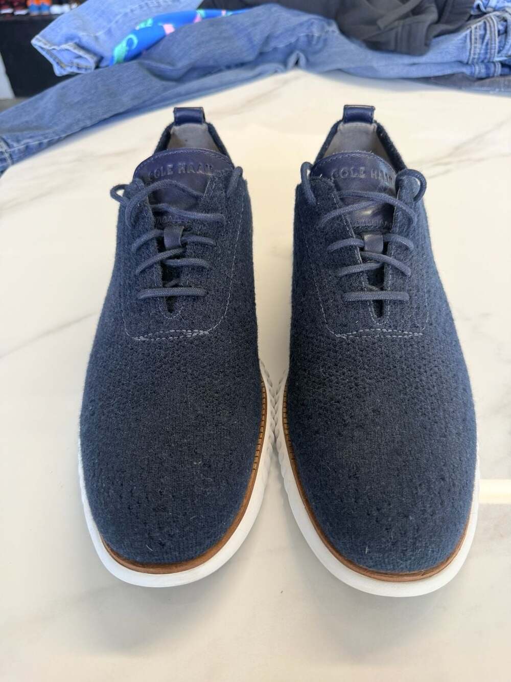 Cole Haan Original Grand Knit Wingtip Oxford Shoes Navy Blue White